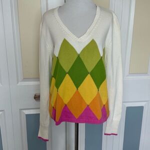Tommy Hilfiger Sweater Womens Size Large Multicolor V-Neck Argyle Pattern Preppy